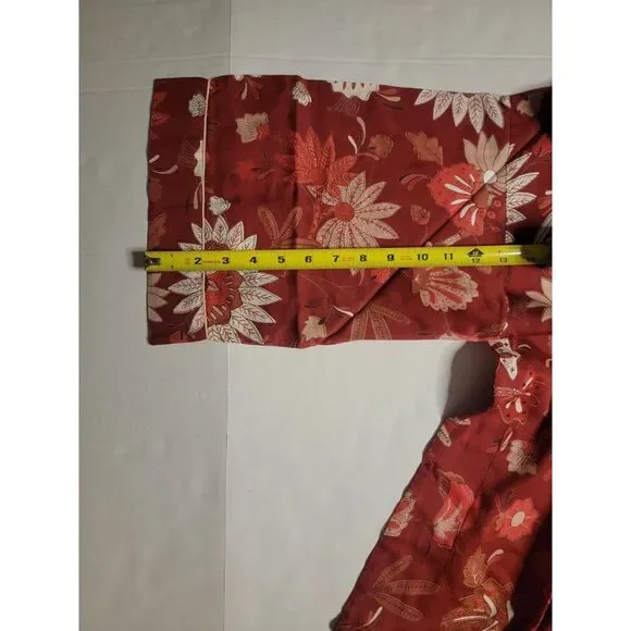 Handprint Red Floral Short Sleeve Tie Up Robe 100%‎ Cotton Bath Robe - Picture 4 of 9